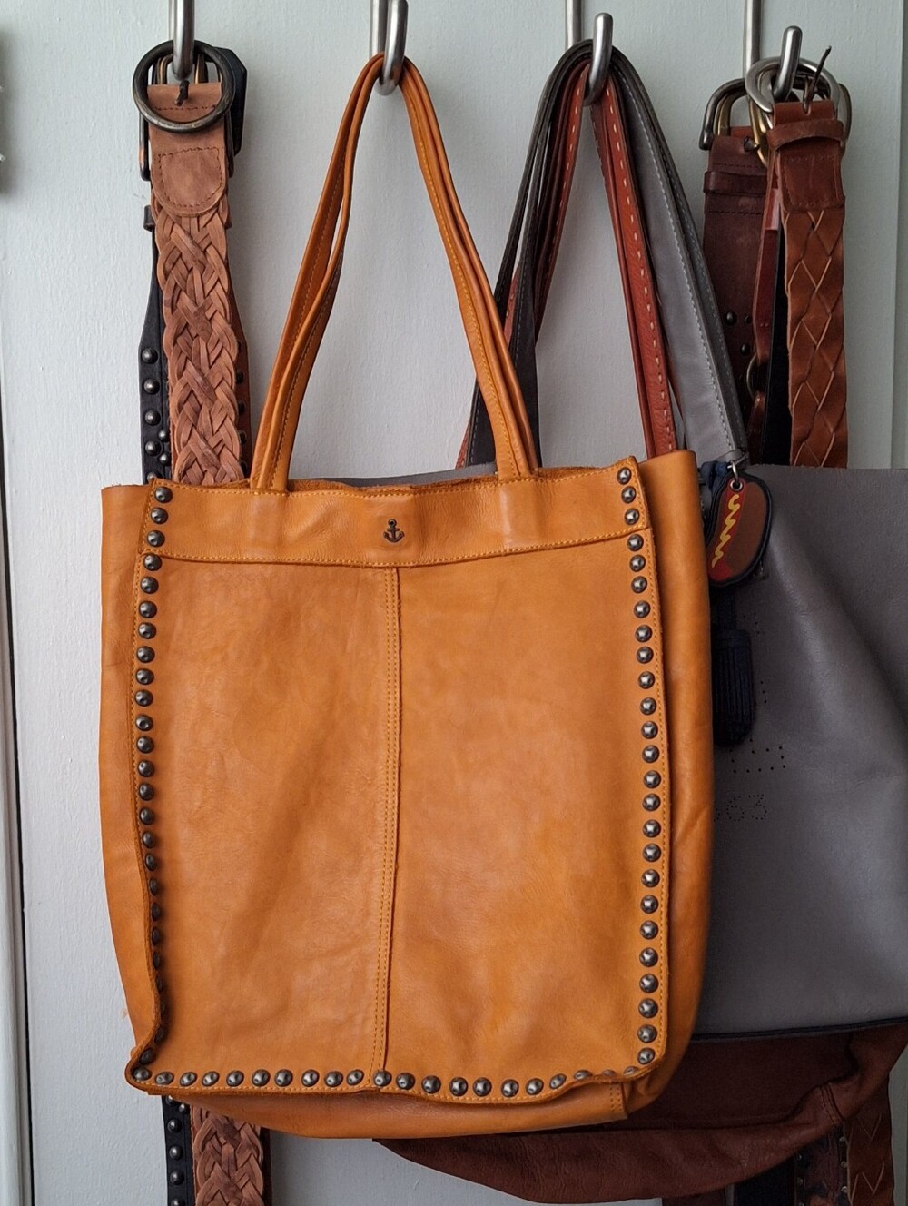Harbour 2nd Golden Brown Unlined Leather Studded Elbe Tote Purse